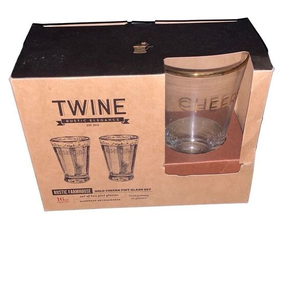 NEW Rustic Farmhouse by Twine Gold Rimmed Cheers Pint Glass Beer Set Lot of 2 - Picture 1 of 8